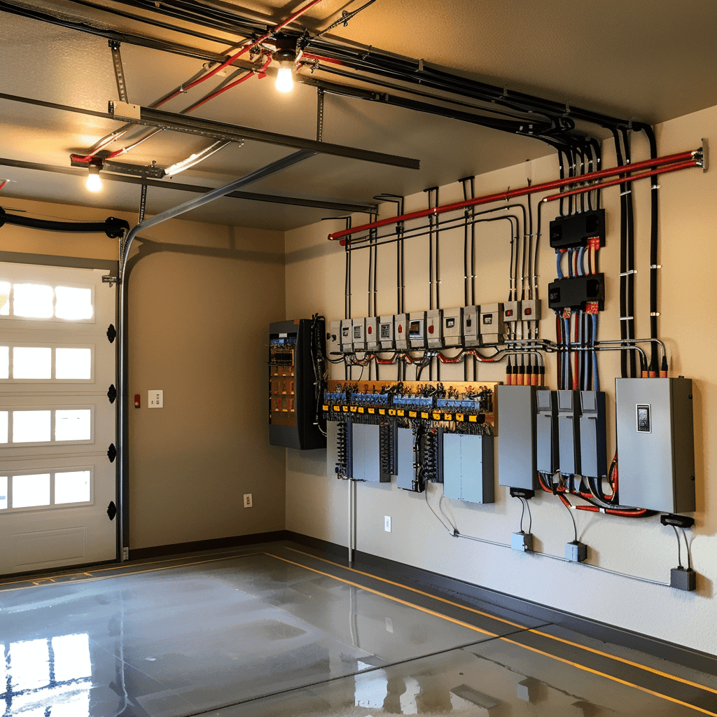 A view of a garage filled with various electrical equipment and a network of wires.